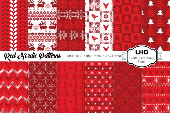 Red Nordic Patterns Digital Paper for Creative Projects